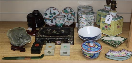 A quantity of Chinese ceramics and jade items, various, including bowls, boxes and covers, four carved hardwood stands, etc.